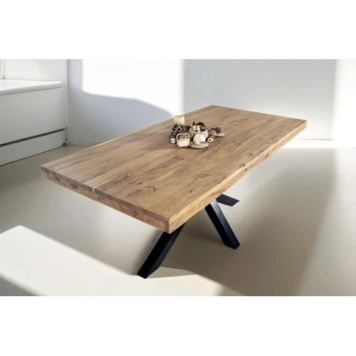 Esstisch 160 x 85 cm Rio, Esszimmertisch naturfarben, Akazienholz massiv, Spider-Gestell aus Metall Schwarz, gerade Kanten