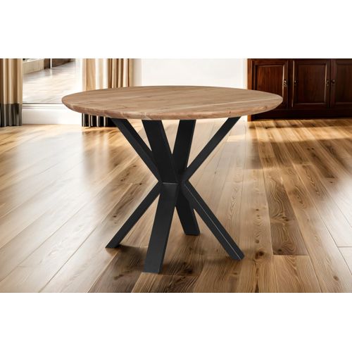 Runder Esstisch 105 cm Kimberly, Akazienholz naturfarben + massiv, Esszimmertisch mit Schweizer Kante, Spider-Gestell Metall Schwarz, pflegeleichter Holztisch