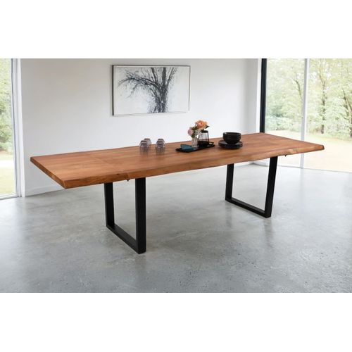 Esstisch Cali mit Ansteckplatten | 140 x 90 cm (erweiterbar auf 220 x 90 cm) | Akazie massiv & naturfarben | echte Baumkante | U-Gestell Metall schwarz | Baumkantentisch/Esszimmertisch