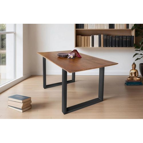 Esstisch 120x80 cm Atlanta, Akazienholz massiv + nussbaumfarben, Esszimmertisch mit Schweizer Kante, U-Metallgestell Schwarz, massiver Holztisch, Tischplatte 26mm