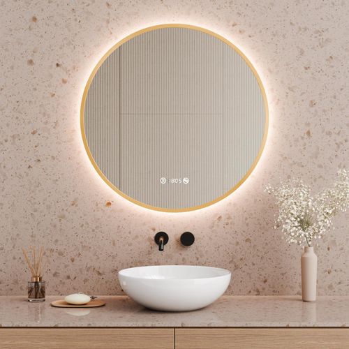 S'AFIELINA Badspiegel mit LED Beleuchtung Goldener Metallrahmener mit Touch-Schalter und Beschlagfrei Taste Neutralweißes Licht,Digitaluhr IP44-70 cm