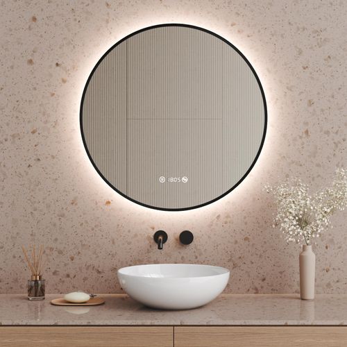 S'AFIELINA Badspiegel mit LED Beleuchtung Schwarz Metallrahmener mit Touch-Schalter und Beschlagfrei Taste Neutralweißes Licht Digitaluhr IP44-70 cm