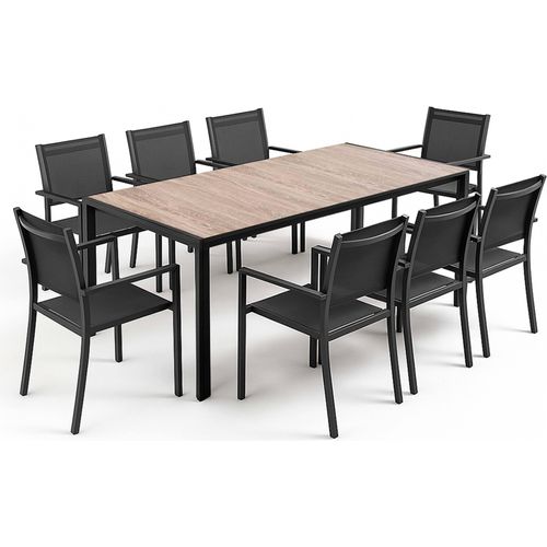 Set aus Gartentisch aus Aluminium in Holzoptik und 8 schwarzen Sesseln - Oviala Tivoli