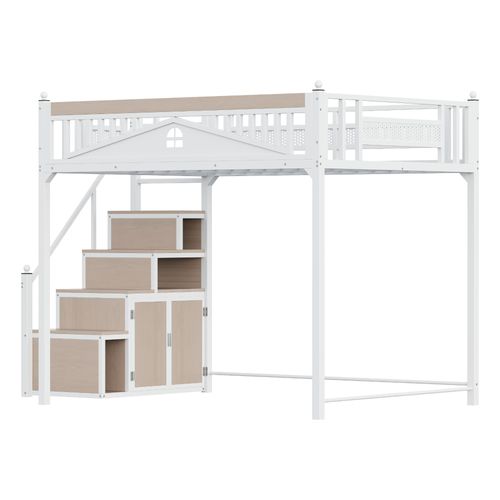 Metall-Hochbett,140x200cm,Metall-Sicherheitszaun mit Metallkugel und Fensterdesign,Kletterleiter austauschbar,Sicherheitsleiter mit Spinden