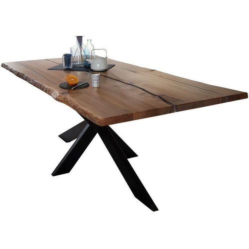 Eiche Epoxidharz Transparent - Esstisch mit Baumkante - Spider Gestell: 260x100cm Größe: 260x100cm