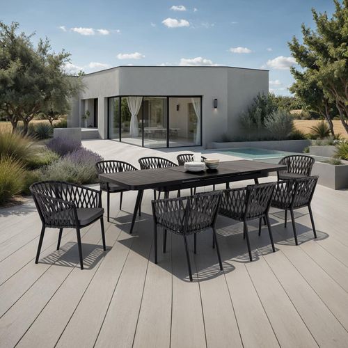 Gartenmöbel Set SUNNY mit ausziehbarem Esstisch und 8 Stühlen, Esstisch Gestell aus Alu in schwarz, Seilbespannung der Stühle in grau, Essgruppe inkl. Sitzkissen, Terassenmöbel