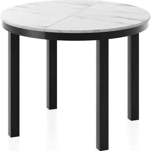 Runder Ausziehbarer Esstisch mit Schwarzem Metallgestell – Tisch mit Schwarzen Metallbeinen im Loft-Stil – Platzsparender Tisch für Wohnzimmer, Esszimmer oder Küche – Weißer Marmor – 100 bis 180 cm