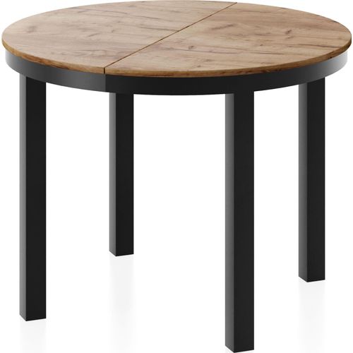 Runder Ausziehbarer Esstisch mit Schwarzem Metallgestell – Tisch mit Schwarzen Metallbeinen im Loft-Stil – Platzsparender Tisch für Wohnzimmer, Esszimmer oder Küche – Craft Eiche – 100 bis 180 cm