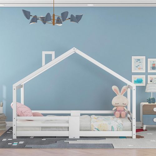 Kinderbett mit Schornstein Rausfallschutz Robuste Lattenroste Bodenbett Hausbett 90x200cm Weiß