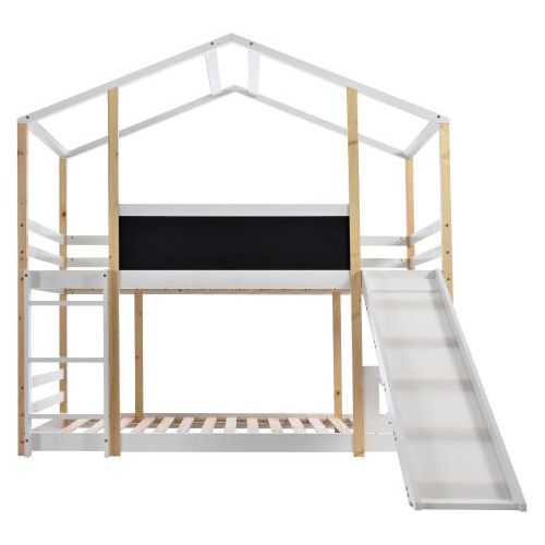Weiss 90x200cm Kinderbett Hochbett (mit Rutsche) & Leiter, 2x Lattenrost Baumhaus Hausbet Kiefer-Massivholz (Ohne Matratze)