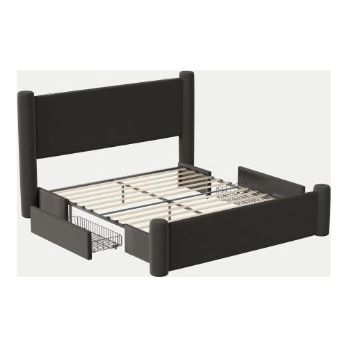 Bettgestell 140x200 cm Polsterbett Ohne Matratze Modern Schwarz Mit USB Anschluessen 2 Stauraumschubladen 3D Kopfteil Jugendbett