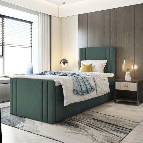 Bett Boxspringbett BEST MINI mit Fußteil, TOPPER T25, Bettkästen - Einzelbett, Stauraum, Schlafzimmer,Polsterbett (90x200, Grün - ITAKA 10)