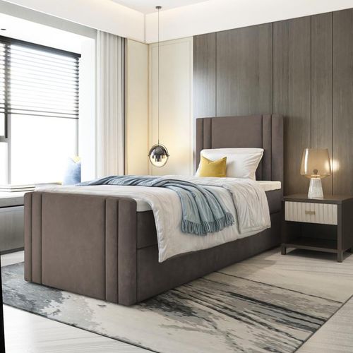 Bett Boxspringbett BEST MINI mit Fußteil, TOPPER T25, Bettkästen - Einzelbett, Stauraum, Schlafzimmer,Polsterbett (90x200, Braun - ITAKA 20)