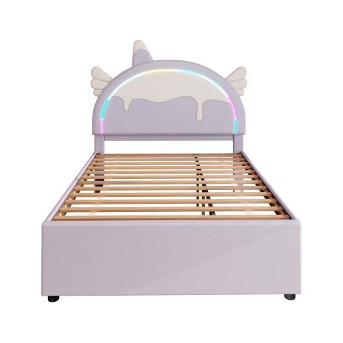 Kinderbett 140x200cm Violett (ohne Matratze) Cartoon Einhornform ausgestattet mit ausziehbares rollbett PolyurethanFerngesteuerte LED-Ambientebeleuchtung