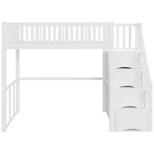 Hochbett 90x200 cm Ohne Matratze Jugendbett Holzbett Kiefernholz Bettgestell Mit Sicherheits Aufbewahrungsleiter Weiss Kinderbett