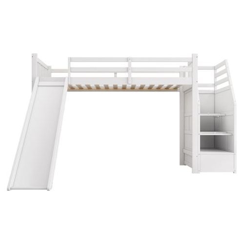 Kinderbett 90x200cm Hochbett (ohne Matratze) Massivholzbett mit Rutsche Lager Treppen und Sicherheitsgelaender Weiss Kiefernholz