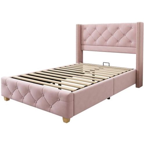 Jugendbett Rosa 90x200 cm Ohne Matratze Samt Polsterbett Mit Lattenrost Kopfteil Knopfpolsterung Nietenpolsterung Holzbeine