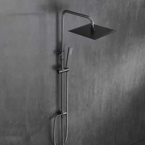 JOHO Edelstahl Duschset ohne Armatur, Regendusche Duschsystem mit Duschkopf, Duschstange, Duschschlauch, Kopfbrause Eckig 25x25cm Gunmetal Grau