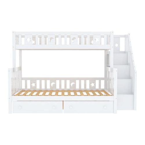 Etagenbett 90x200/140x200 cm ohne Matratze Massivholz Sicherheitstreppe 2 Schubladen Lattenrost Weiss Stauraumbett Holzbett Gaestebett Erwachsenenbett