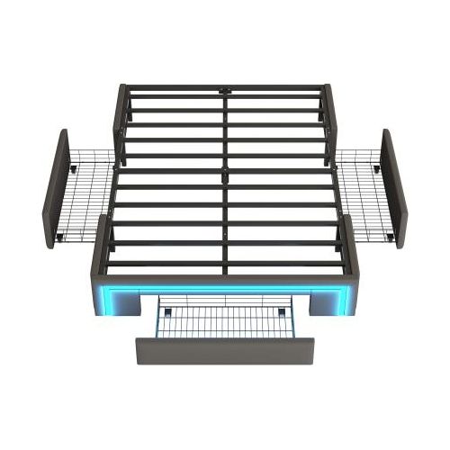 Bettgestell Grau 140x200 cm Ohne Matratze Erwachsenenbett Mit Schubladen Kunstleder LED Lichtleiste Plattformbett Einzelbett Jugendbett Gaestebett