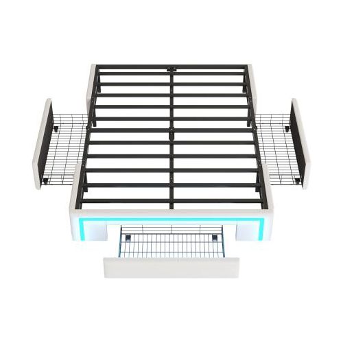 Bettgestell 160x200 cm Ohne Matratze Beige Mit Schubladen Kunstleder LED Lichtleiste Plattformbett Einzelbett Jugendbett Gaestebett Erwachsenenbett