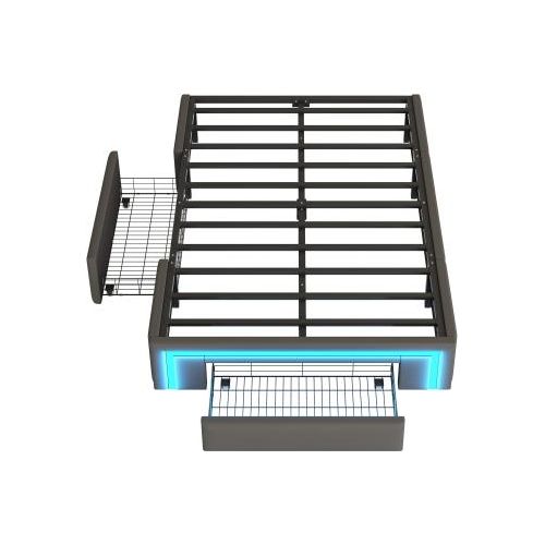 Bettgestell Grau 90x200 cm Ohne Matratze Mit Schubladen Kunstleder LED Lichtleiste Metalllatten Plattformbett Modernes Schlafzimmer Einzelbett Jugendbett Gaestebett