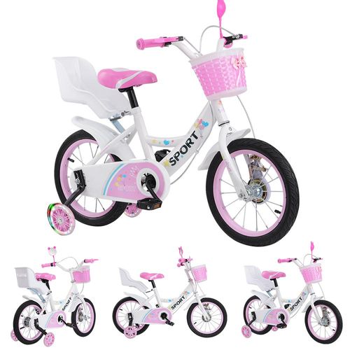 16'' Kinderfahrrad für 5-8 jährige Mädchen,Kinderfahrrad mit Puppenradsitz & Stützrädern& Korbstreamer,HöHenverstellbar für Schulung Outdoor Reiten