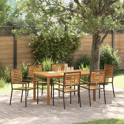 Eleganten-Stil 7-teilige Garten-Essgruppe Schwarz Poly-Rattan Akazie - Gartenmöbelset Balkonmöbel Gartenstühle DE887655