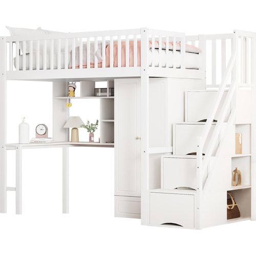 Hochbett,Kinderbett mit großem Kleiderschrank Regal und Tisch,Mit Grosse Stauraum,Treppe,Mehrzweckbetteinheit Holzbettgestell