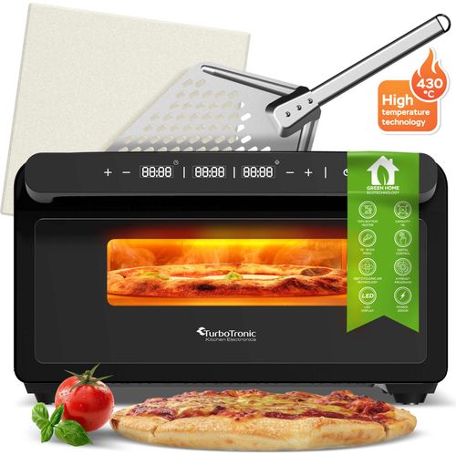 TurboTronic Pizzaofen bis 430 °C perfekte Pizza (30 cm) in 2 Minuten inkl. Pizzastein & Pizzaschieber für Zuhause & Garten Neapolitan Mini Backofen Edelstahl Schnellaufheizen AirFryer schwarz