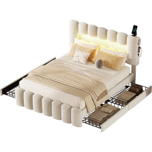 Polsterbett 160x200cm DoppelbettOhne MatratzeJugendbett mit 4 Schubladen mit LED-Lichtleiste mit USB und Stereoanlage Samt Beige
