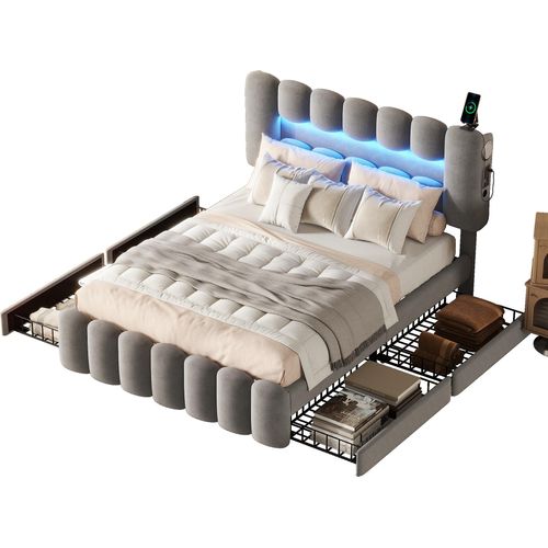Polsterbett 160x200cm DoppelbettOhne MatratzeJugendbett mit 4 Schubladen mit LED-Lichtleiste mit USB und Stereoanlage Samt Grau