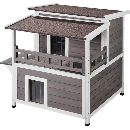 Katzenhaus aus Holz 2-stöckig Outdoor Katzenhöhle 750x751x820mm Haustier Hütte für Katzen Wetterfest