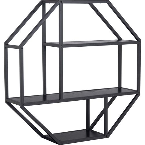 Wandregal ACTONA GROUP, schwarz (esche schwarz, matt schwarz), B:77cm H:77cm T:20cm, Melamin, Metall, Regale, Metallgestell, 2 Einlegeböden, Achteckform und asymmetrischen Details