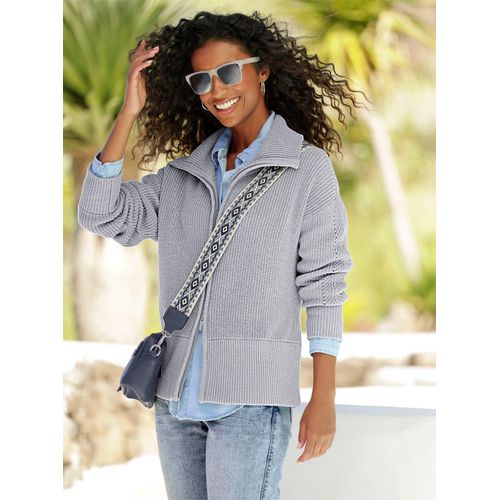 Strickjacke HEINE, Damen, Gr. 48, grau (steingrau, meliert), 100% Baumwolle, unifarben, Strickjacken