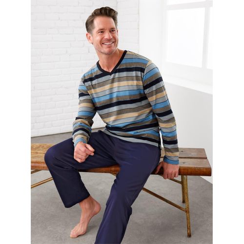 Schlafanzug HAJO, Herren, Gr. 48/50, blau (marine, beige, geringelt), 62% Baumwolle, 38% Polyester, Homewear-Sets