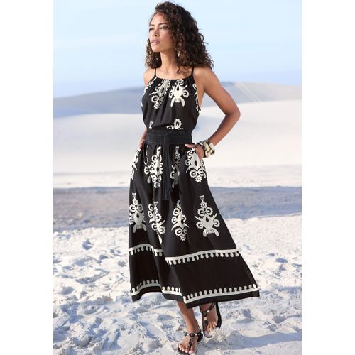 Midikleid LASCANA, Damen, Gr. 46, N-Gr, schwarz (schwarz, sand bedruckt), Web, Obermaterial: 100% Viskose, bedruckt, modisch, figurumspielend ca. Mitte Wade, Rundhals, ohne Ärmel, Kleider, aus gewebter Viskose mit Ethnodruck
