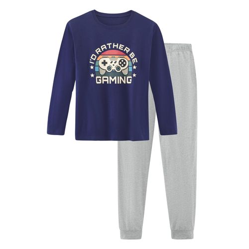 Pyjama AUTHENTIC LE JOGGER, Kinder, Gr. 134/140, blau (navy, grau meliert), Jersey, Obermaterial: 100% Baumwolle, meliert, Basic, lang, Rundhals, Langarm abgesteppte Kante, Homewear-Sets, Schlafanzug mit großem Gaming - Print vorn