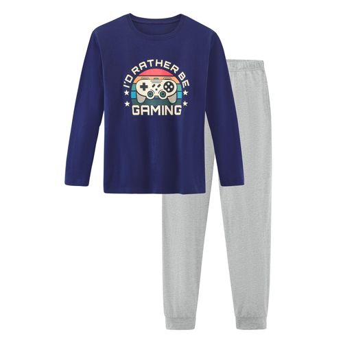 Pyjama AUTHENTIC LE JOGGER, Kinder, Gr. 170/176, blau (navy, grau meliert), Jersey, Obermaterial: 100% Baumwolle, meliert, Basic, lang, Rundhals, Langarm abgesteppte Kante, Homewear-Sets, Schlafanzug mit großem Gaming - Print vorn
