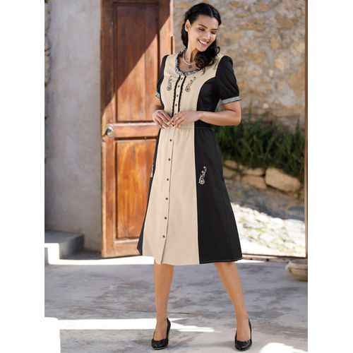 Trachtenbluse CLASSIC BASICS, Damen, Gr. 44, beige (sand, schwarz), 50% Baumwolle, 50% Polyester, gemustert, mehrfarbig, Rundhals, Kurzarm, Blusen
