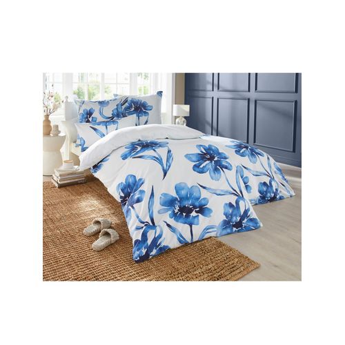 Bettwäsche HEINE HOME Gr. 3, blau (weiß, jeansblau, bedruckt), B/L: 155cm x 220cm, 2-teilige Garnitur St., 2-teilige Garnitur St., Mako-Satin, B/L: 80cm x 80cm, Mako-Satin, 100% Baumwolle, Bettwäsche
