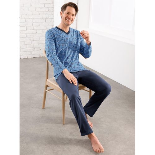 Schlafanzug WÄSCHEPUR, Herren, Gr. 48/50, blau (mittelblau, marine, bedruckt), 80% Baumwolle, 20% Polyester, Homewear-Sets