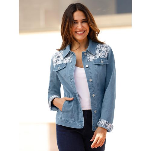 Jeansjacke CLASSIC BASICS, Damen, Gr. 56, blau (blau, bleached), 81% Baumwolle, 17% Polyester, 2% Elasthan, Besatz:100% Baumwolle, gemustert, Langarm, Jacken