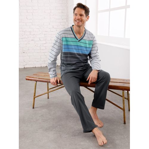 Schlafanzug HAJO, Herren, Gr. 48/50, schwarz (anthrazit, hellgrau, geringelt), 62% Baumwolle, 38% Polyester, Homewear-Sets