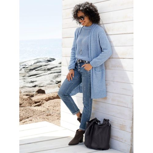 Strickjacke HEINE, Damen, Gr. 42, blau (bleu), 60% Polyester, 30% Polyamid, 10% Wolle, unifarben, Strickjacken