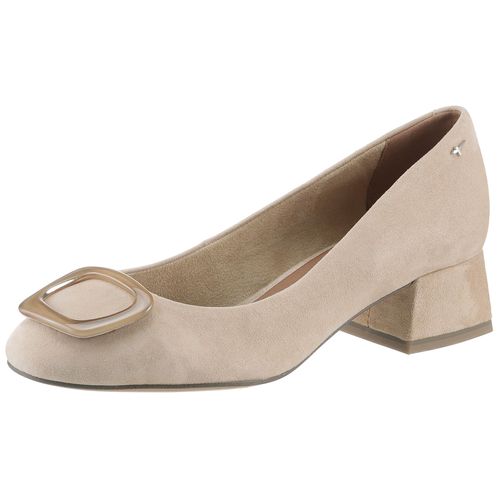 Pumps TAMARIS, Damen, Gr. 38, braun (hellbraun), Ziegenveloursleder, modisch, Schuhe, Blockabsatz, Businessschuh, Schlupfschuh mit hübschen Schmuckelement