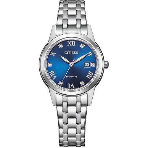 Solaruhr CITIZEN, silber (silberfarben, blau), Armbanduhren, Damen, Armbanduhr, Damenuhr, Datum, Kristallsteine, Edelstahlarmband