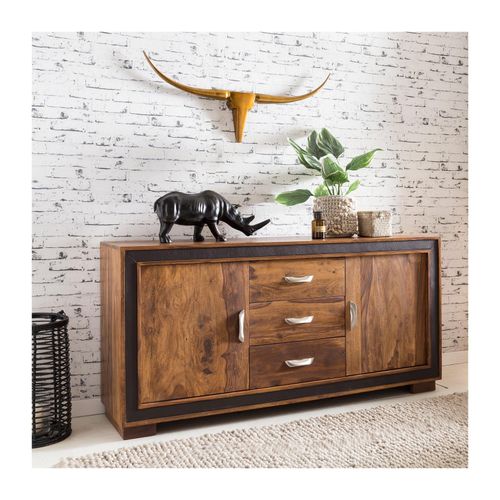 Massivholz Sideboard 160cm Sheesham Kommode mit 2 Türen & 3 Schubladen aufwendige Lederumrandung