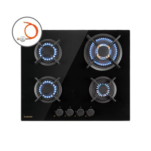 Goldflame 4 Gaskochfeld 4-flammig Messing-Brenner Glaskeramik schwarz