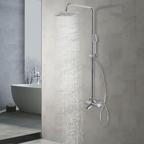 Duschsystem mit Thermostat 38℃ 79-120cm höhenverstellbar Regendusche Handbrause Dusche Armatur Set (silber)